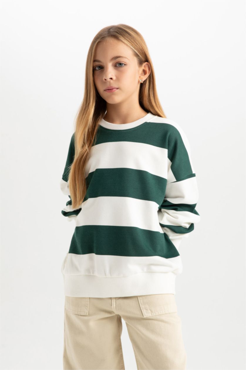 Kız Çocuk - Genç Kız Koyu Yeşil Relax Fit Bisiklet Yaka Çizgili Sweatshirt Kız Çocuk