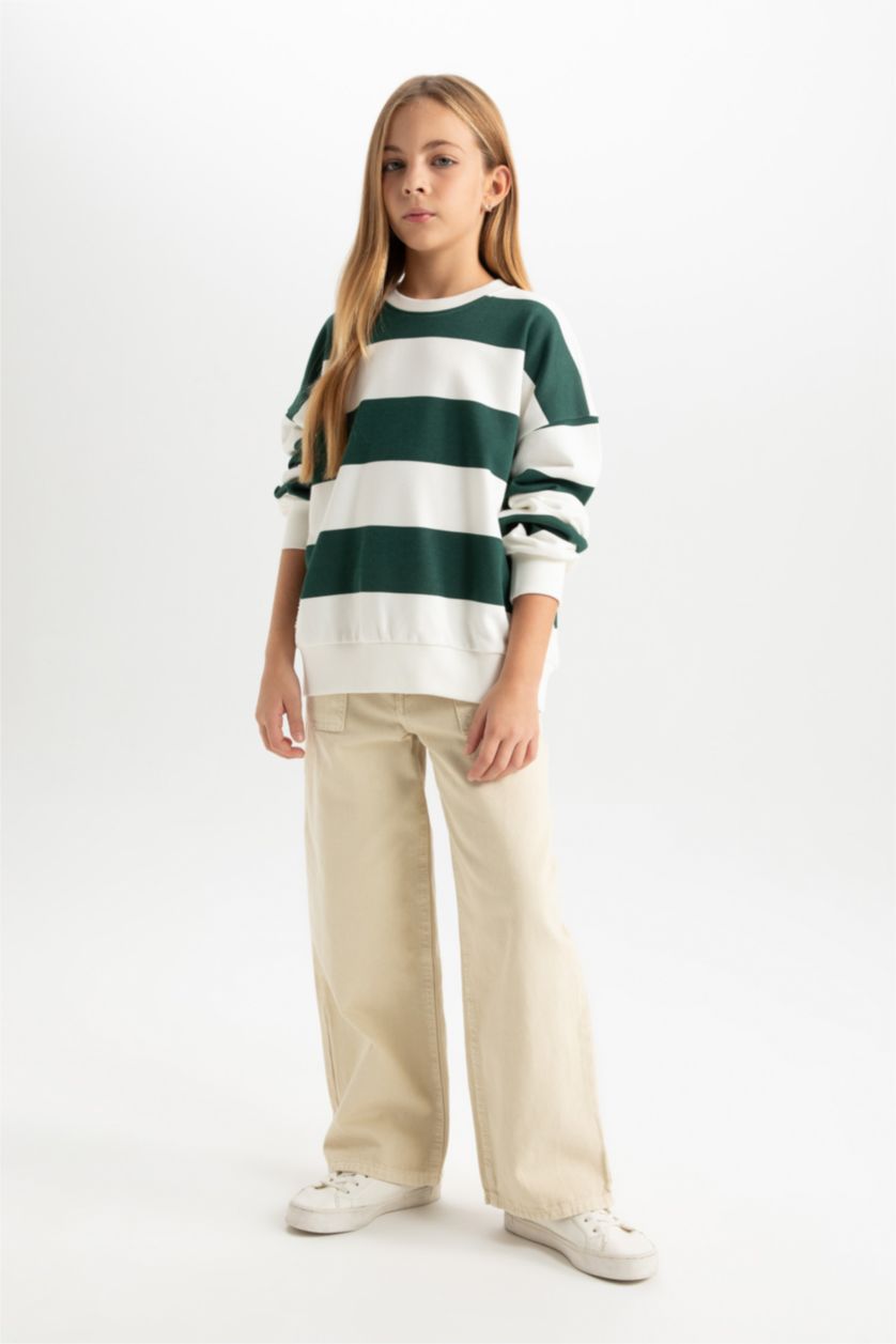 Kız Çocuk - Genç Kız Koyu Yeşil Relax Fit Bisiklet Yaka Çizgili Sweatshirt Kız Çocuk