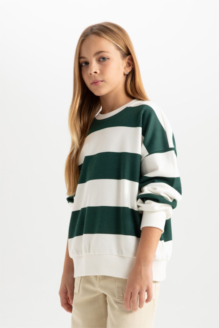 Kız Çocuk - Genç Kız Koyu Yeşil Relax Fit Bisiklet Yaka Çizgili Sweatshirt Kız Çocuk