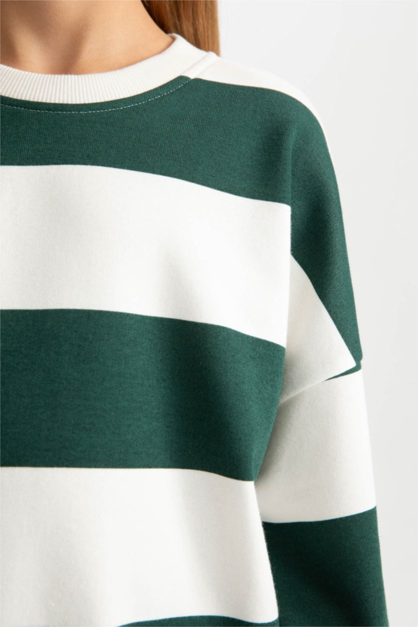 Kız Çocuk - Genç Kız Koyu Yeşil Relax Fit Bisiklet Yaka Çizgili Sweatshirt Kız Çocuk