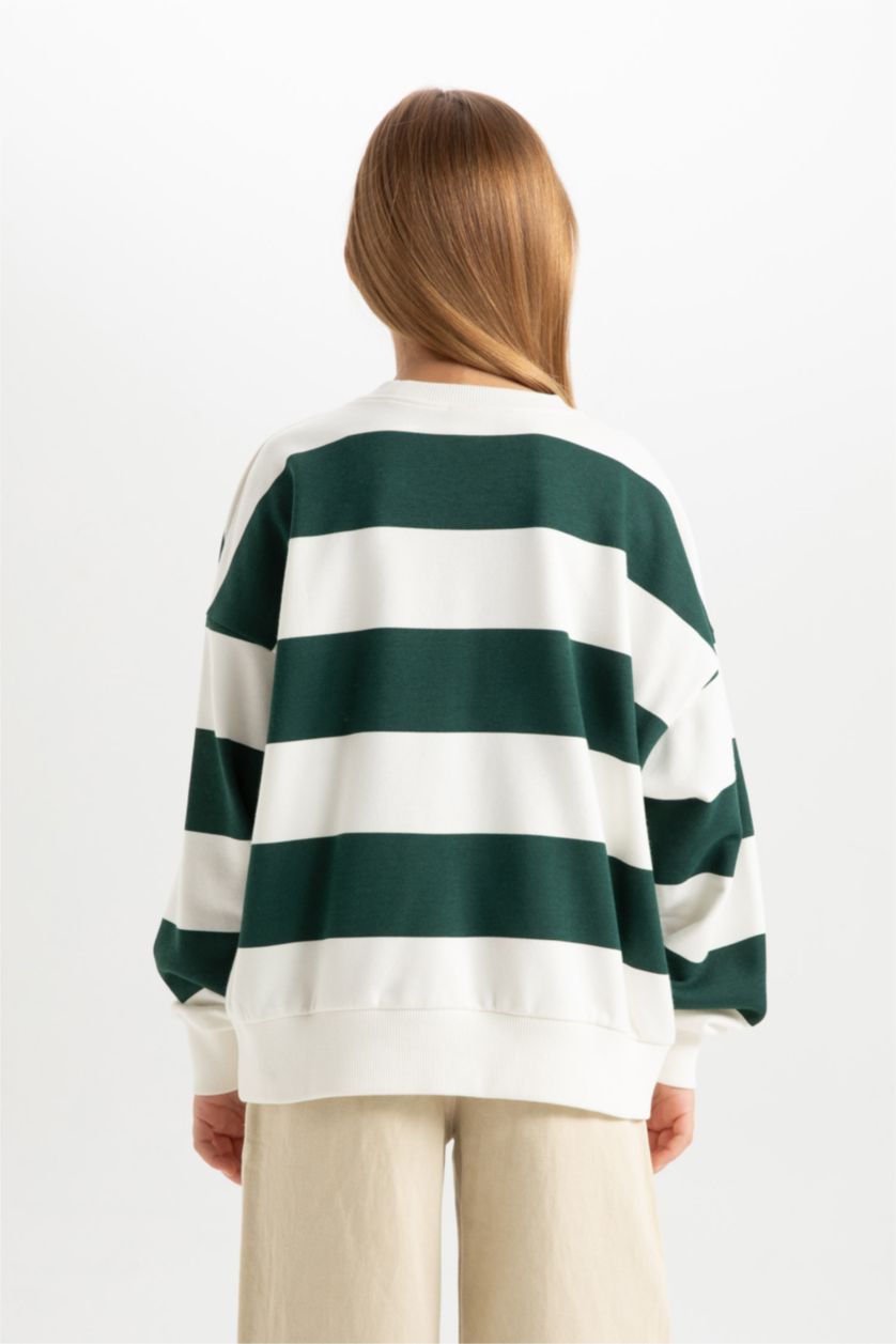 Kız Çocuk - Genç Kız Koyu Yeşil Relax Fit Bisiklet Yaka Çizgili Sweatshirt Kız Çocuk