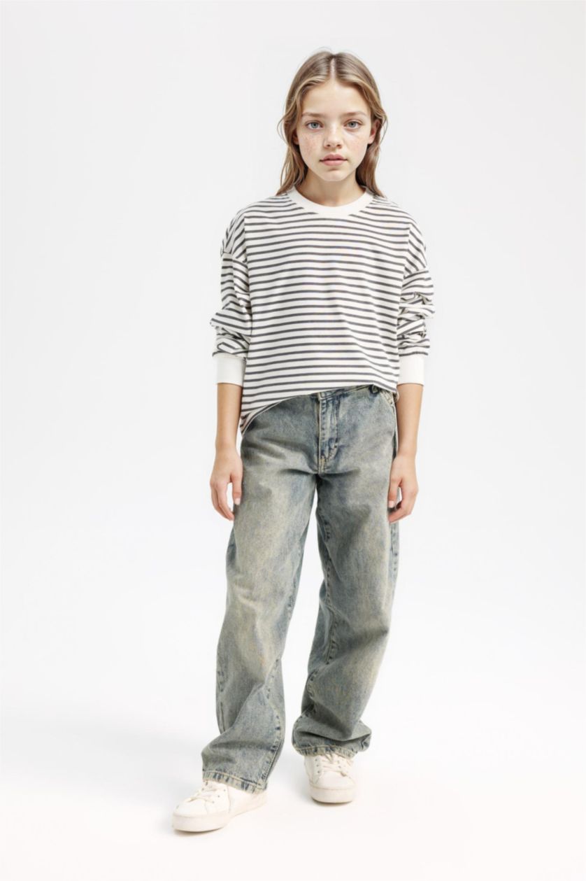 Kız Çocuk - Genç Kız Antrasit Relax Fit Bisiklet Yaka Çizgili Sweatshirt Kız Çocuk