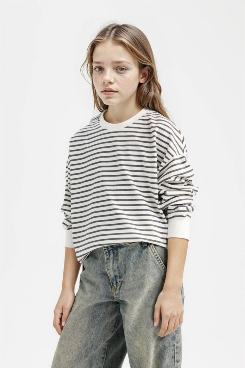 Kız Çocuk - Genç Kız Antrasit Relax Fit Bisiklet Yaka Çizgili Sweatshirt Kız Çocuk