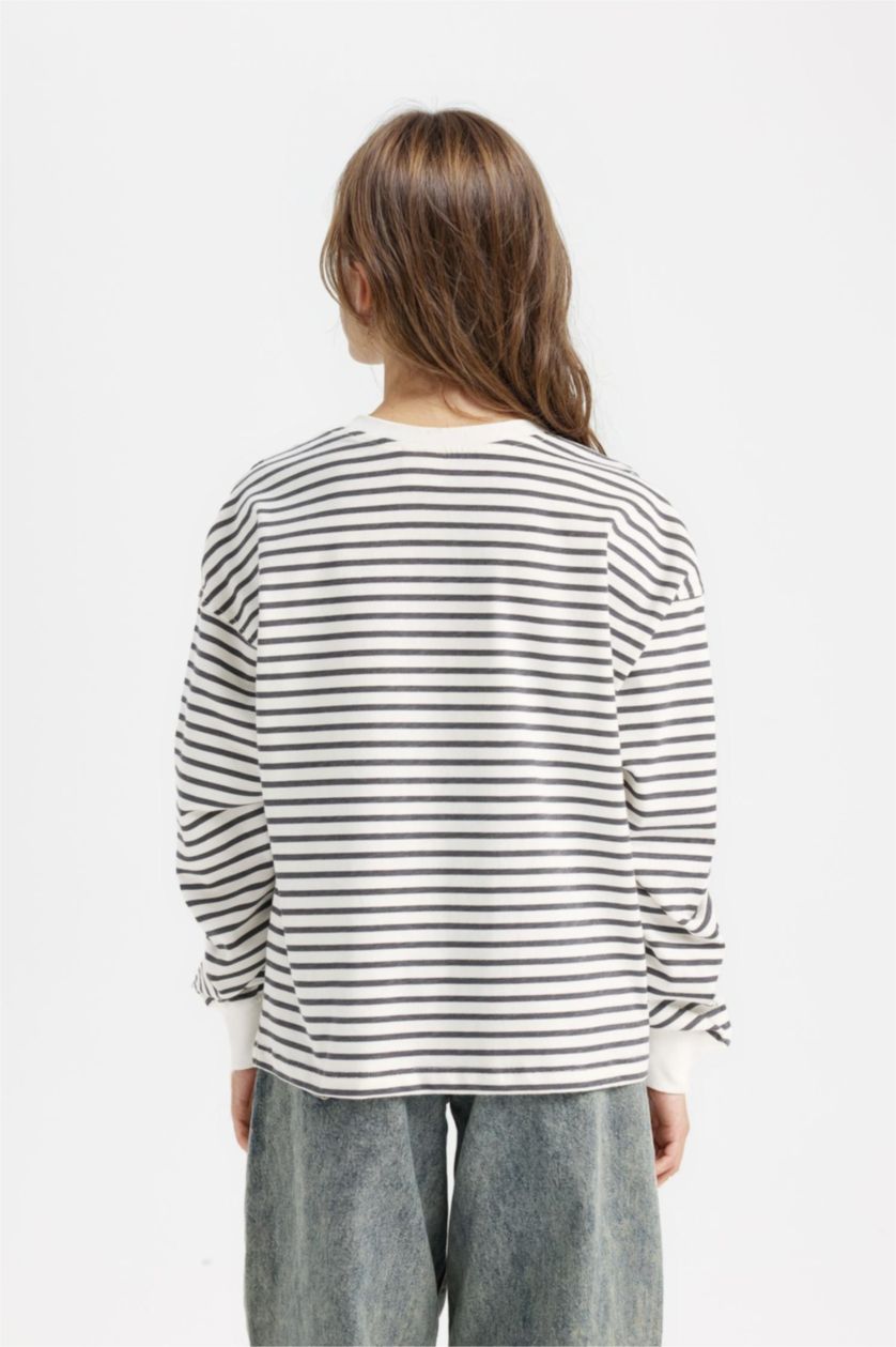 Kız Çocuk - Genç Kız Antrasit Relax Fit Bisiklet Yaka Çizgili Sweatshirt Kız Çocuk