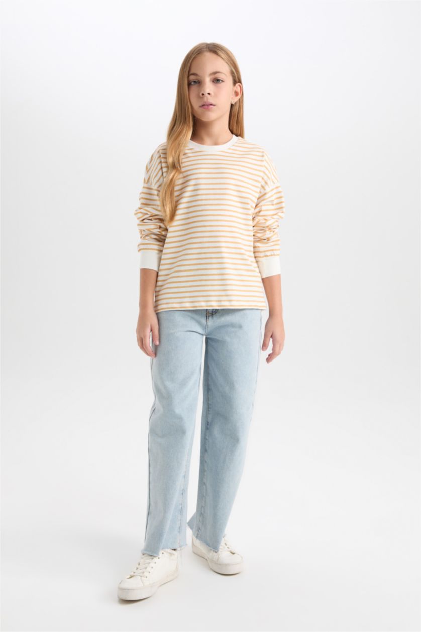 Kız Çocuk - Genç Kız Açık Bej Relax Fit Bisiklet Yaka Çizgili Sweatshirt Kız Çocuk