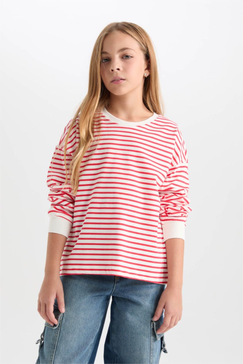 Kız Çocuk - Genç Kız Kırmızı Relax Fit Bisiklet Yaka Çizgili Sweatshirt Kız Çocuk