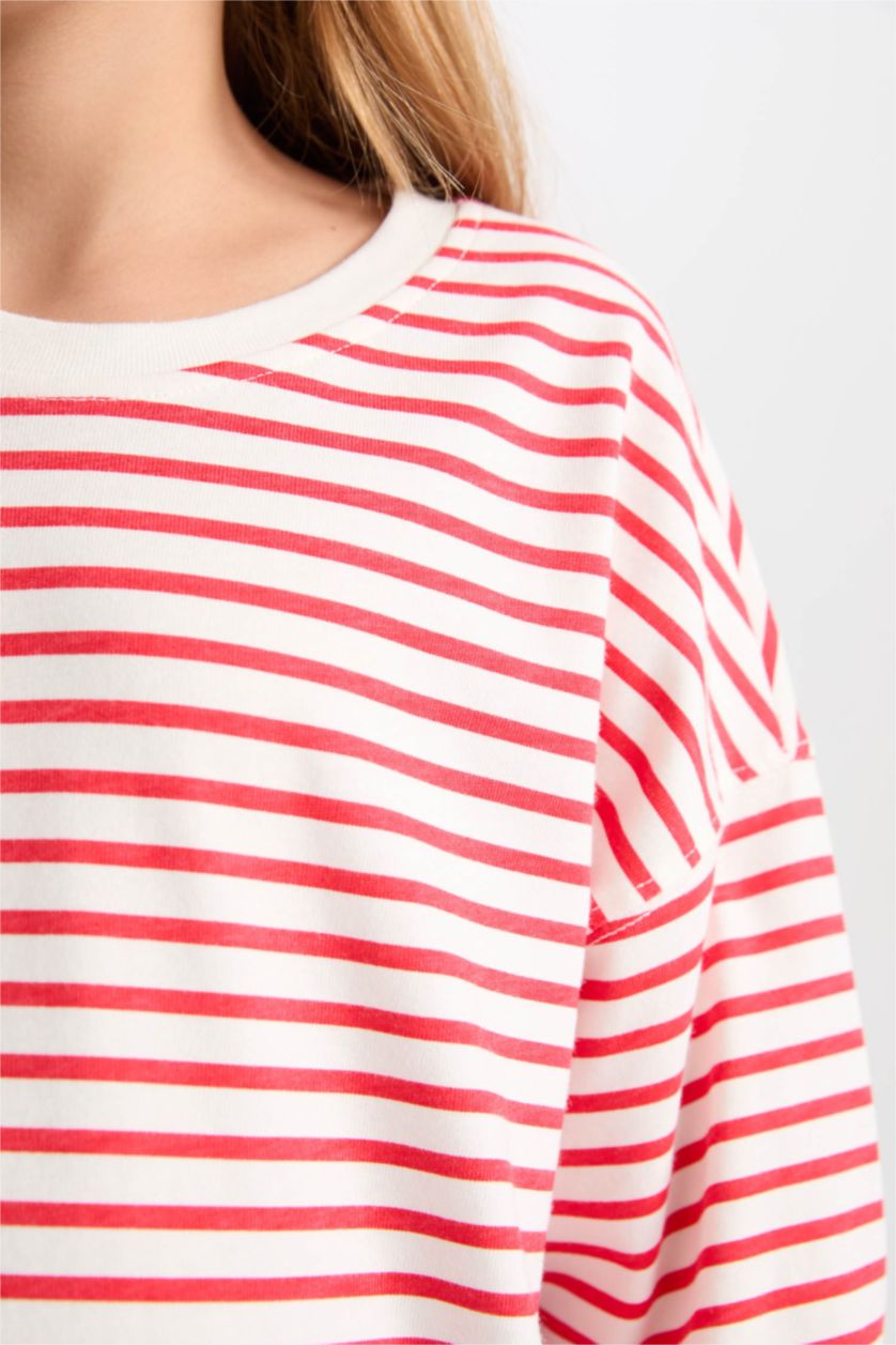 Kız Çocuk - Genç Kız Kırmızı Relax Fit Bisiklet Yaka Çizgili Sweatshirt Kız Çocuk