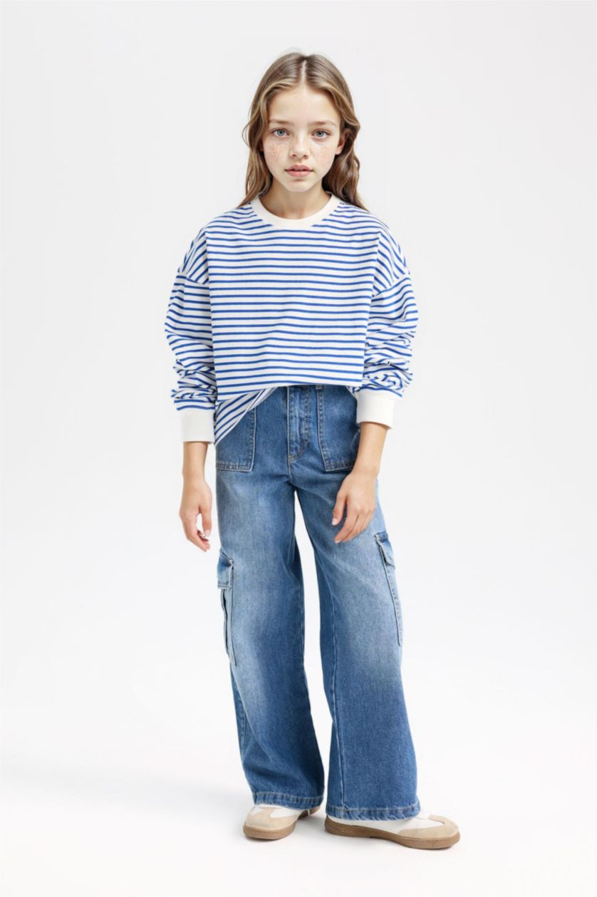 Kız Çocuk - Genç Kız Beyaz Relax Fit Bisiklet Yaka Çizgili Sweatshirt Kız Çocuk