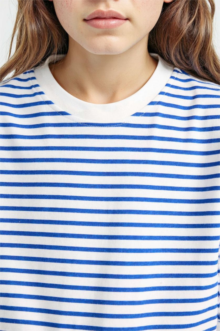 Kız Çocuk - Genç Kız Beyaz Relax Fit Bisiklet Yaka Çizgili Sweatshirt Kız Çocuk