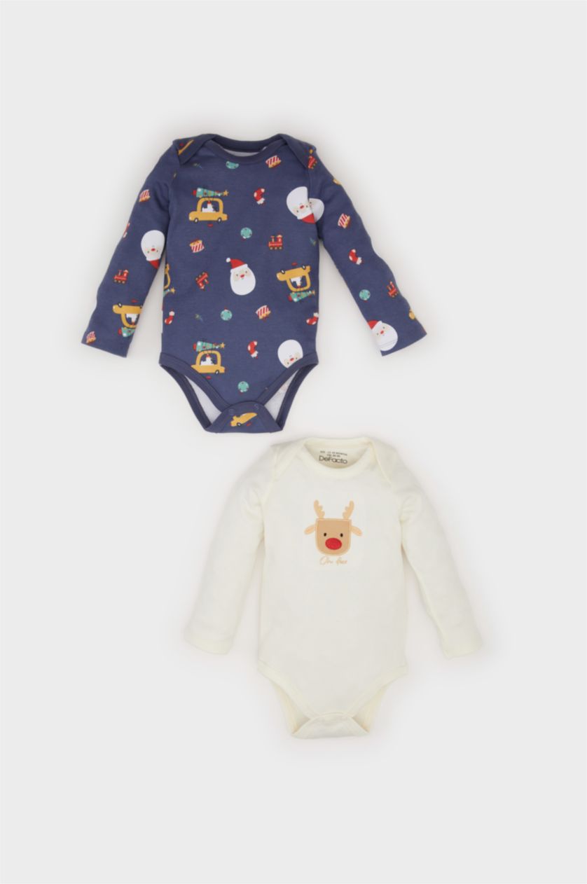Erkek Bebek İndigo Erkek Bebek Yenidoğan Zarf Yaka Yılbaşı Temalı 2'li Uzun Kollu Çıtçıtlı Body