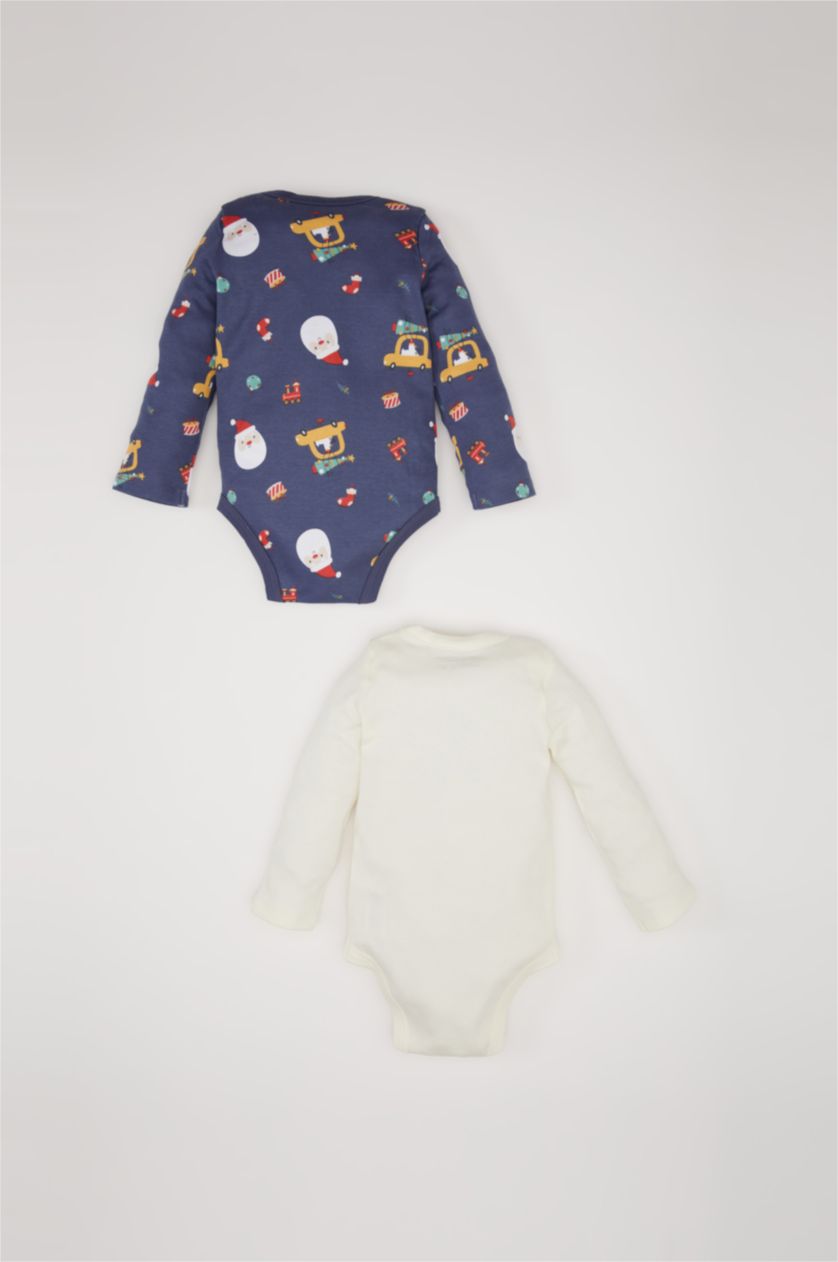 Erkek Bebek İndigo Erkek Bebek Yenidoğan Zarf Yaka Yılbaşı Temalı 2'li Uzun Kollu Çıtçıtlı Body