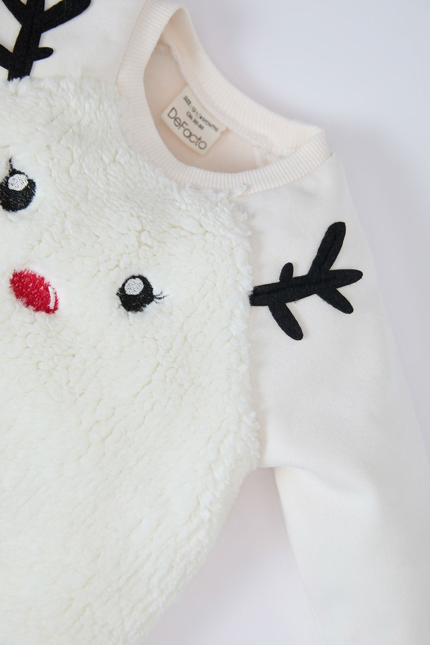 Kız Bebek Kırık Beyaz Kız Bebek Yılbaşı Temalı 2'li Takım Pelüş Sweatshirt Beli Lastikli Tayt