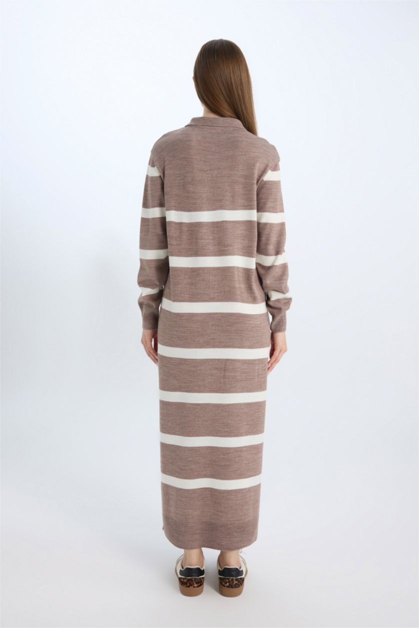 Kadın Kum Regular Fit Polo Yaka Düğmeli Çizgili Uzun Kollu Maxi Triko Elbise