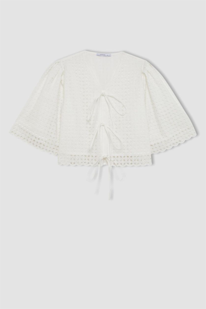 Kadın Beyaz Regular Fıt Brode Uzun Kollu Tunik