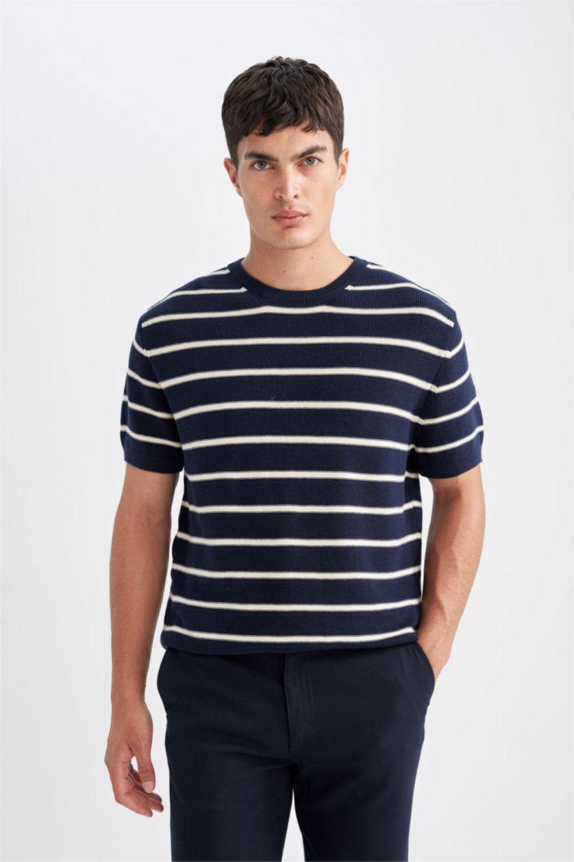 Man NAVY Standard Fit Crew Neck Cotton Striped T-Shirt