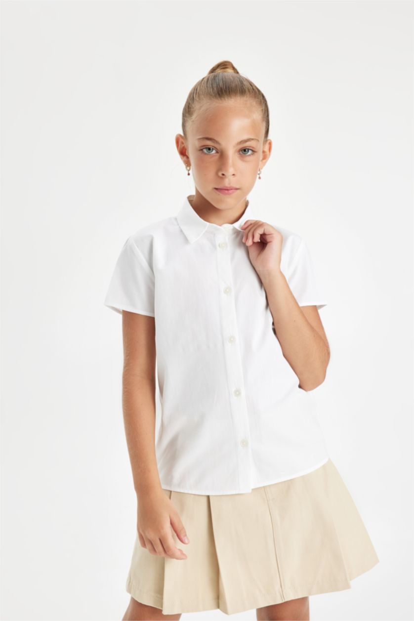 FILLES Blanc Chemise à Manches Courtes en Popeline pour Fille