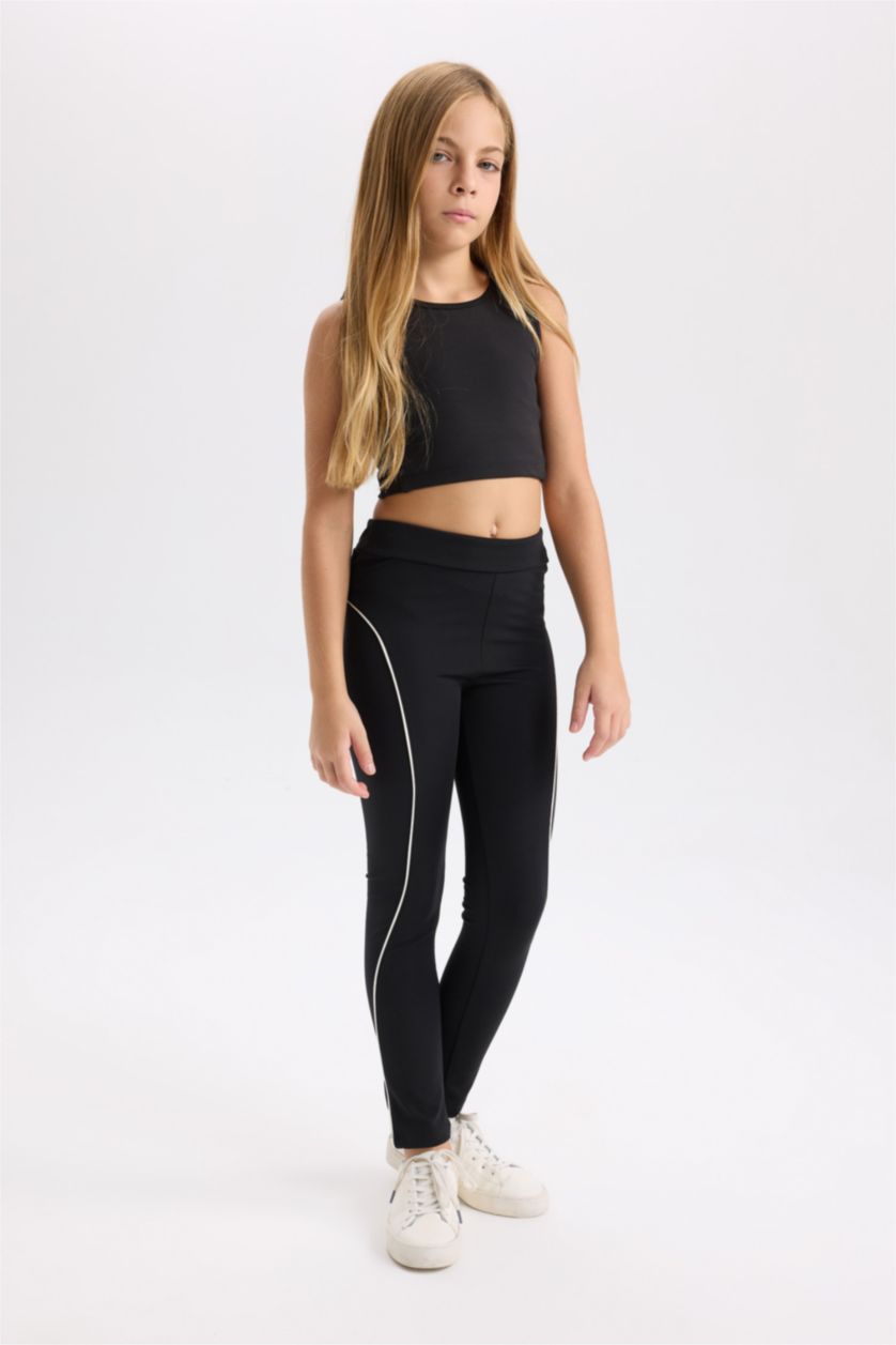 Kız Çocuk - Genç Kız Siyah Şerit Detaylı Standart Boy Tayt Kız Çocuk