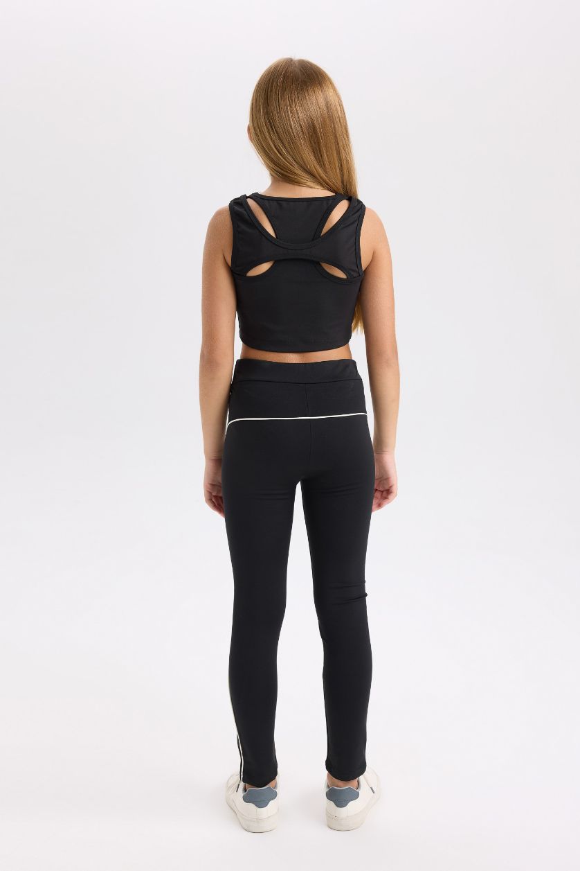 Kız Çocuk - Genç Kız Siyah Şerit Detaylı Standart Boy Tayt Kız Çocuk