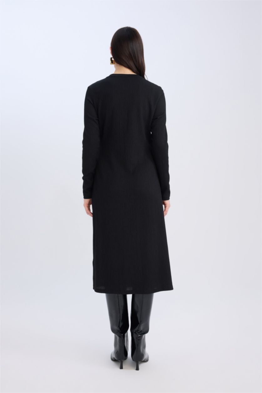 Kadın Siyah Bisiklet Yaka Basic Düz Beli Bağlamalı Bürümcük Uzun Kollu Maxi Siyah Elbise