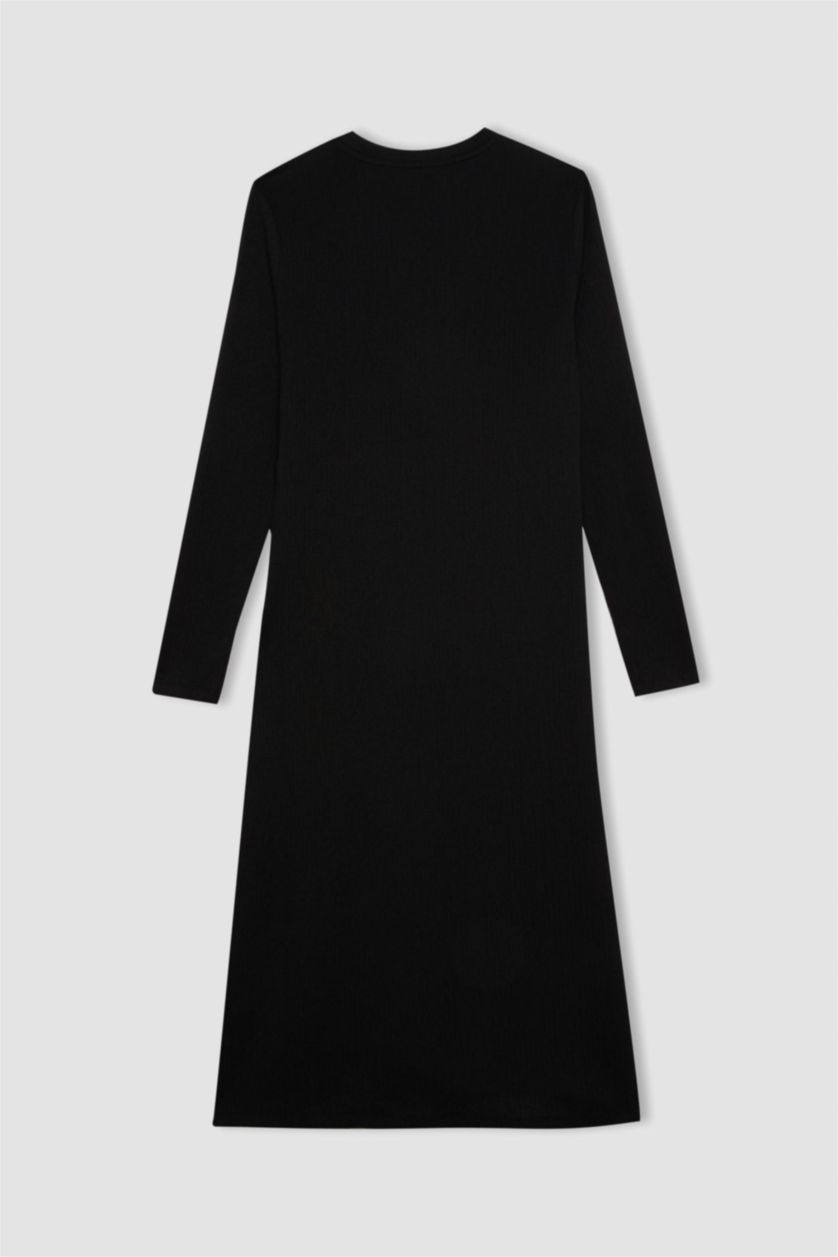 Kadın Siyah Bisiklet Yaka Basic Düz Beli Bağlamalı Bürümcük Uzun Kollu Maxi Siyah Elbise