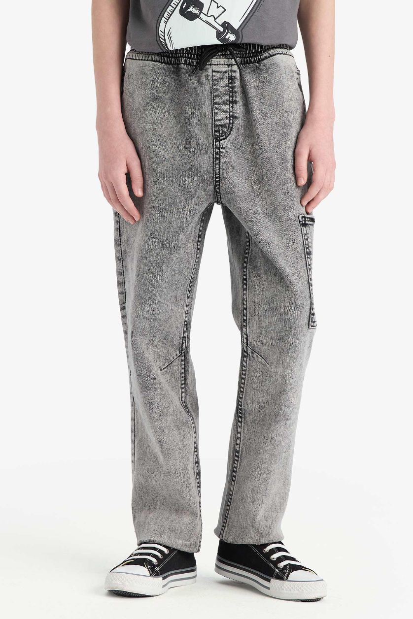 Erkek Çocuk - Genç Erkek Açık Gri Jogger Fit Esnek Bantlı Paça Jean Pantolon Erkek Çocuk