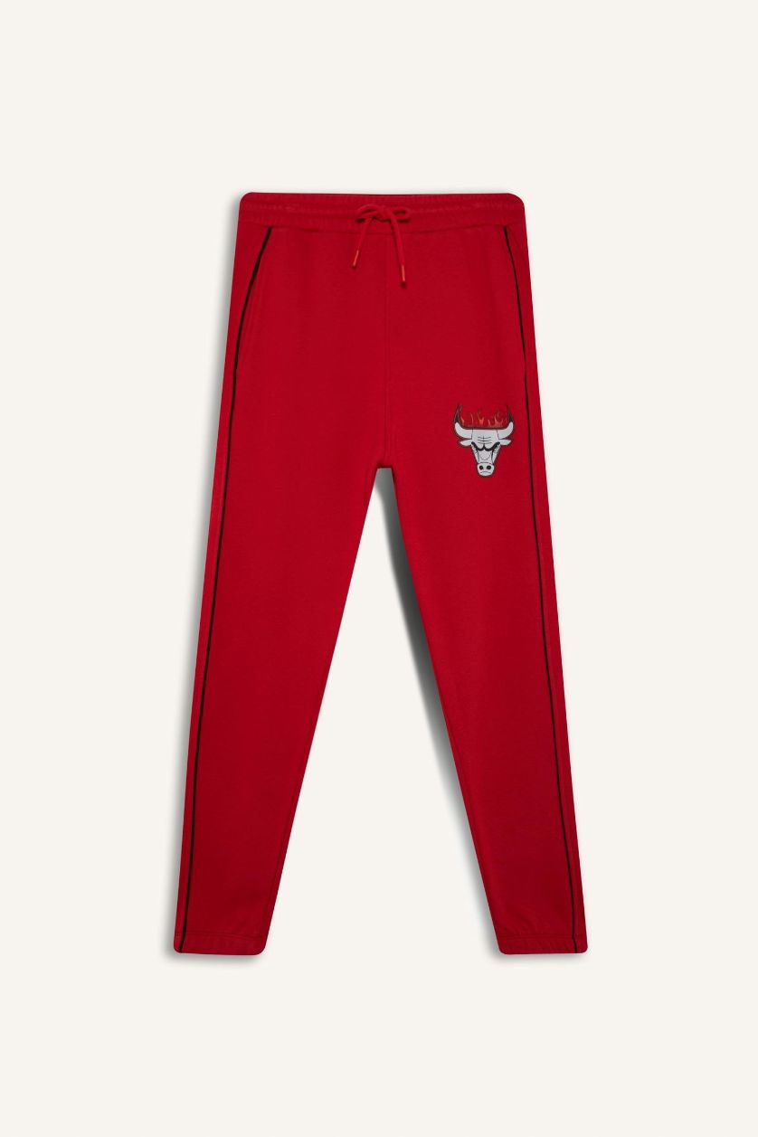 Erkek Kırmızı NBA Chicago Bulls Standart Fit Cepli Beli Bağcıklı Kalın Jogger Eşofman Altı