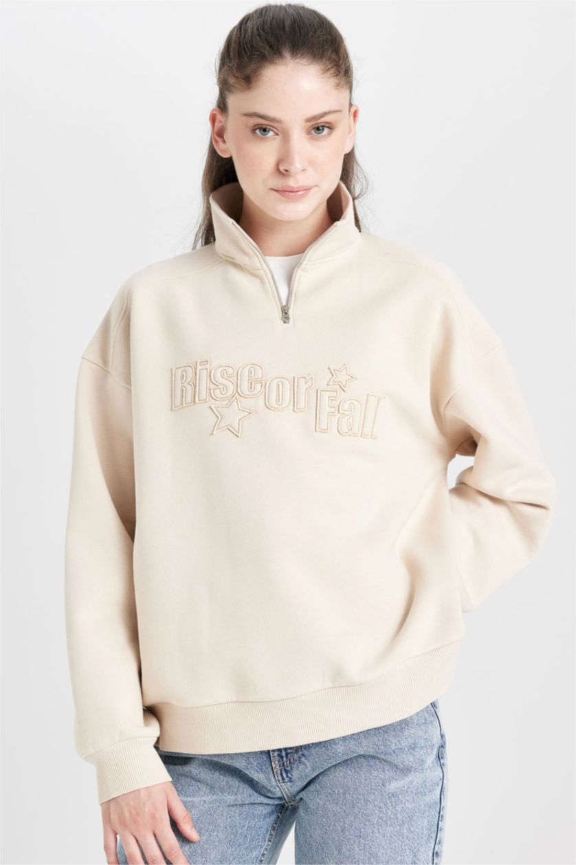 Kadın Taş Loose Fit Yarım Fermuarlı Dik Yaka Baskılı Kalın Sweatshirt