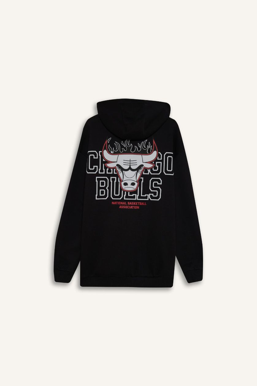 Erkek Siyah NBA Chicago Bulls Boxy Fit Kapüşonlu Sırt Baskıllı Kalın Sweatshirt