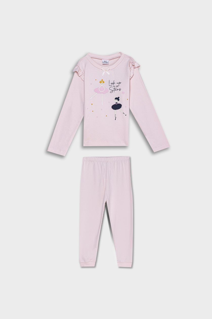 طفلة صغيرة زهري فاتح طقم بيجاما بيبي بناتي بطبعة باليه قصة عادية - قطعتين