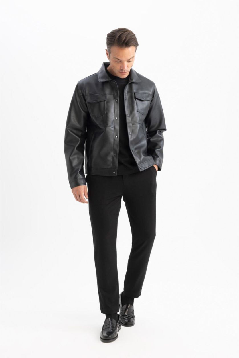 Erkek Siyah Su Geçirmez Slim Fit Dar Kesim Gömlek Yaka Cepli Çıtçıt Kapamalı Suni Deri Mont