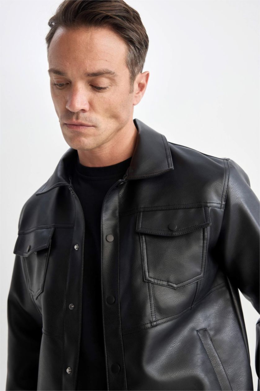 Erkek Siyah Su Geçirmez Slim Fit Dar Kesim Gömlek Yaka Cepli Çıtçıt Kapamalı Suni Deri Mont