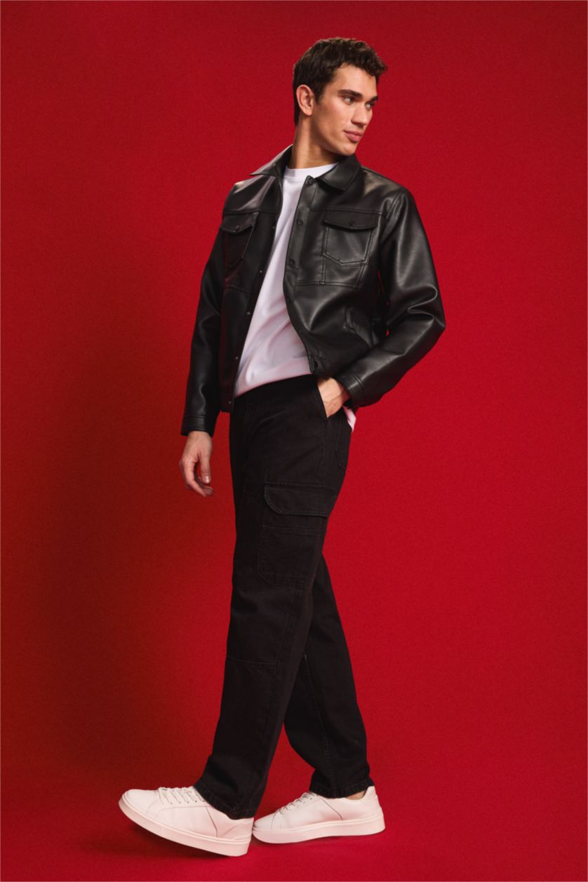 Erkek Siyah Su Geçirmez Slim Fit Dar Kesim Gömlek Yaka Cepli Çıtçıt Kapamalı Suni Deri Mont