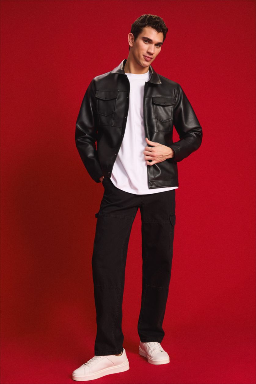 Erkek Siyah Su Geçirmez Slim Fit Dar Kesim Gömlek Yaka Cepli Çıtçıt Kapamalı Suni Deri Mont