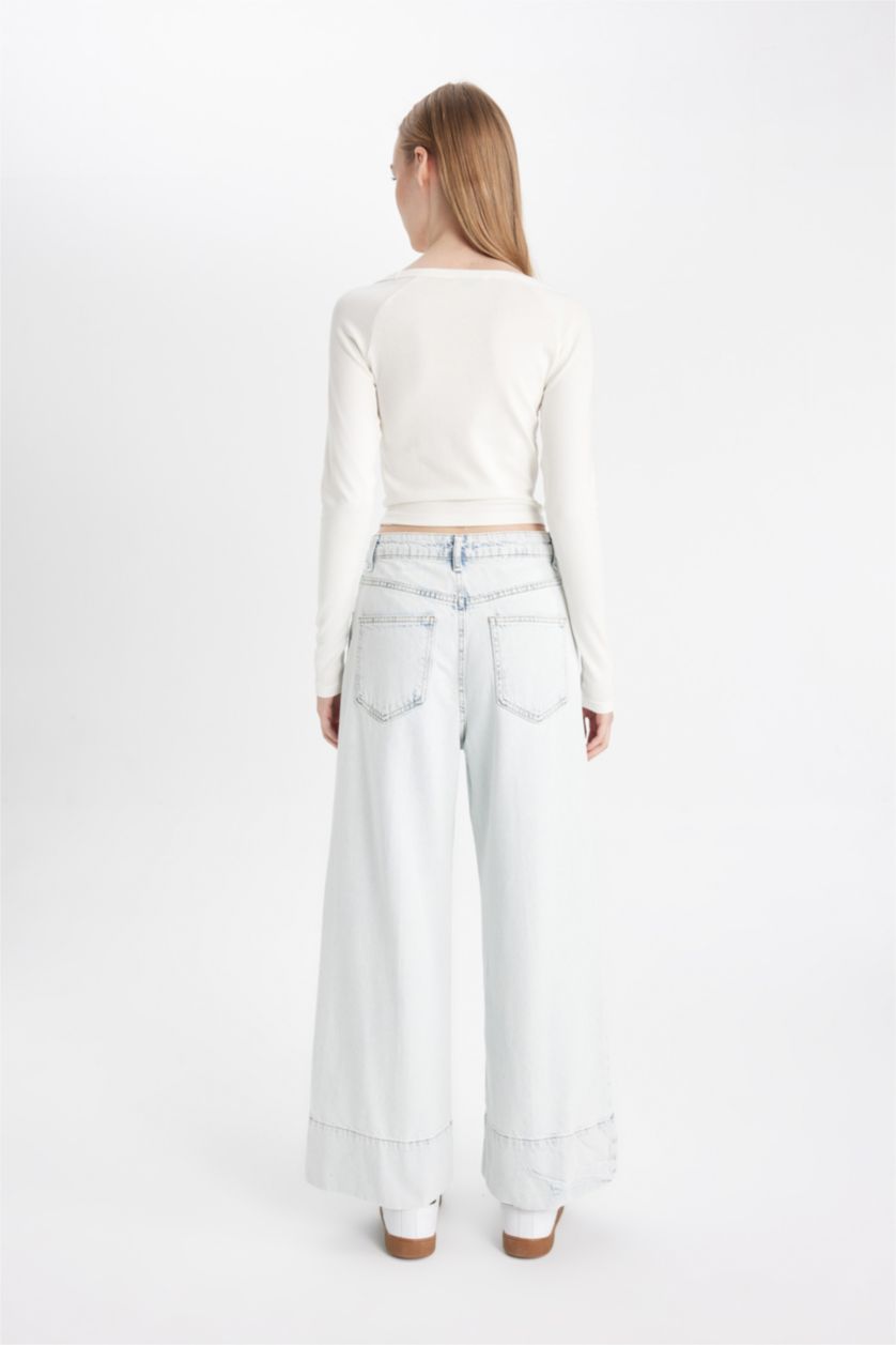 FEMME Indigo Clair Taille haute Jambe large et raccourcie