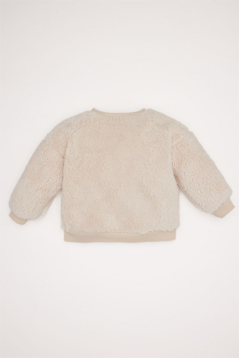 Erkek Bebek Bej Bisiklet Yaka Yılbaşı Temalı Pelüş Sweatshirt Erkek Bebek