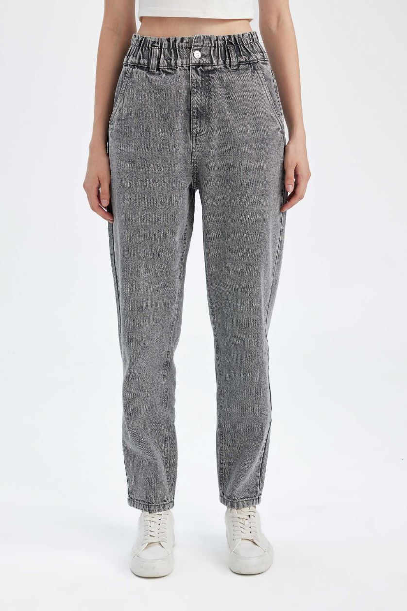 نساء رمادي سروال جينز بيبرباج بخصر عالي