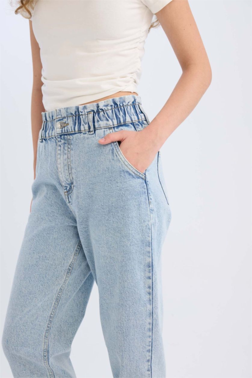 Женщины Светло-синий Джинсы paperbag с высокой талией, укороченные