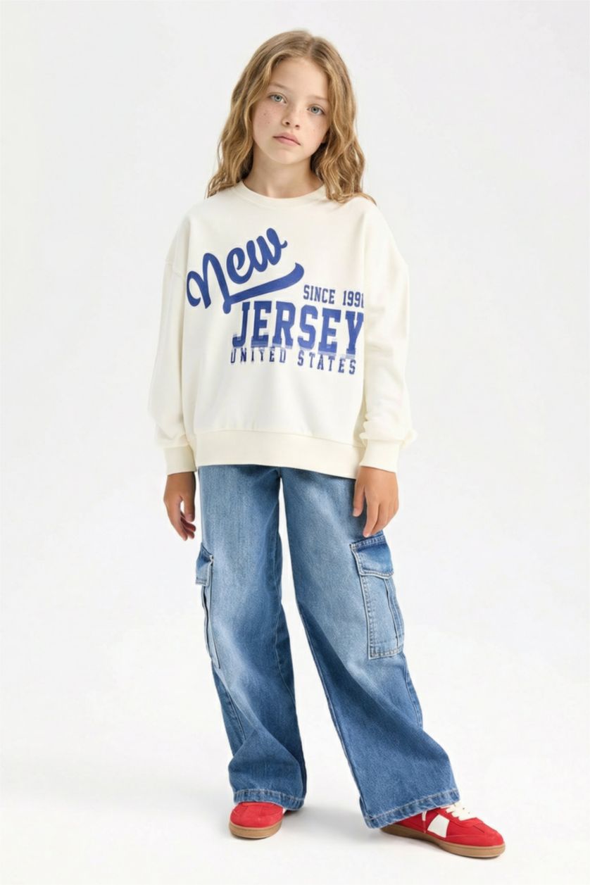 Kız Çocuk - Genç Kız Ekru Relax Fit Bisiklet Yaka Baskılı Sweatshirt Kız Çocuk