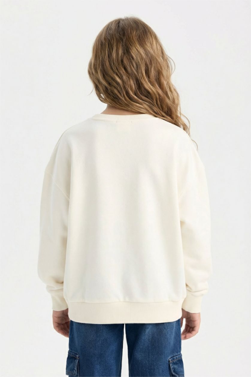 Kız Çocuk - Genç Kız Ekru Relax Fit Bisiklet Yaka Baskılı Sweatshirt Kız Çocuk