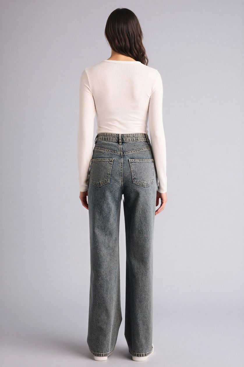 نساء أزرق بنطرون جينز وايد ليج برجل واسع وخصر عالي