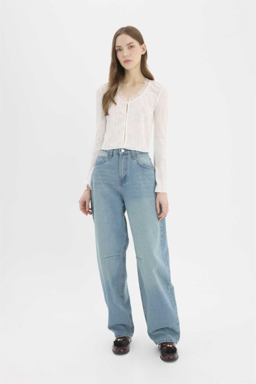 حريمي أزرق بنطلون جينز باجي فيت برجل عادية وخصر عالي