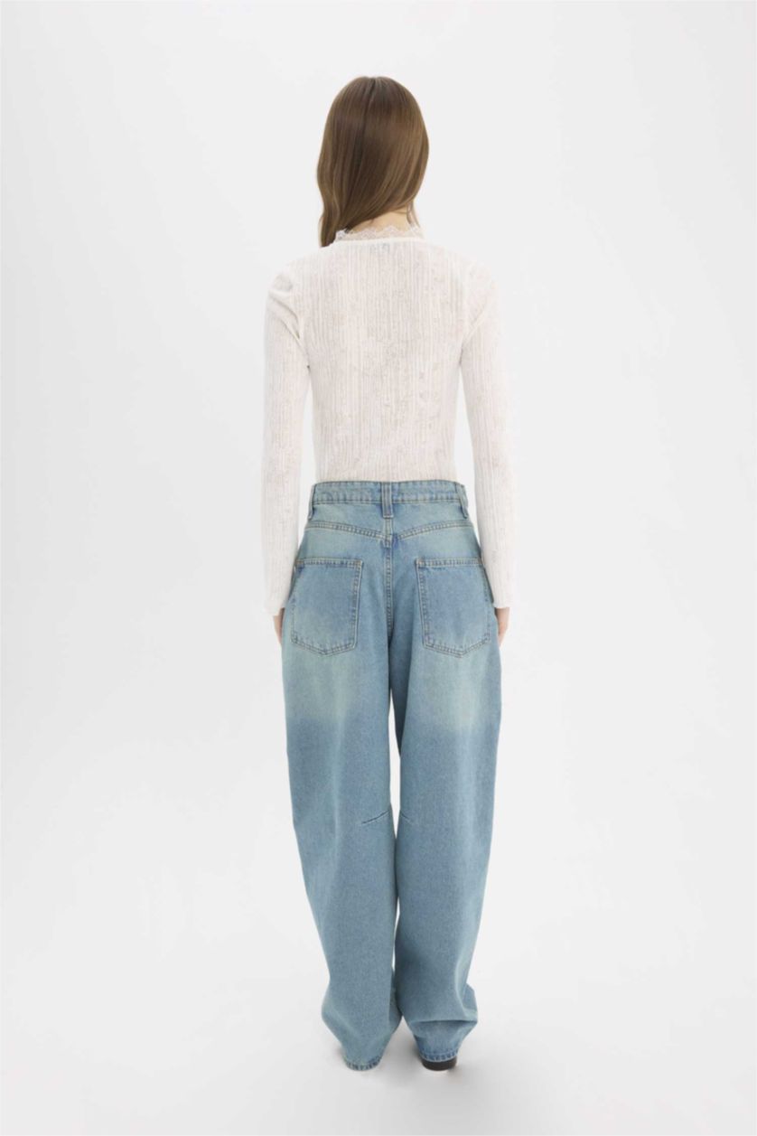 حريمي أزرق بنطلون جينز باجي فيت برجل عادية وخصر عالي