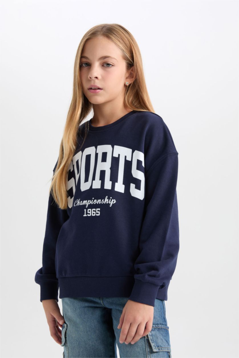 Kız Çocuk - Genç Kız Lacivert Relax Fit Bisiklet Yaka Baskılı Sweatshirt Kız Çocuk