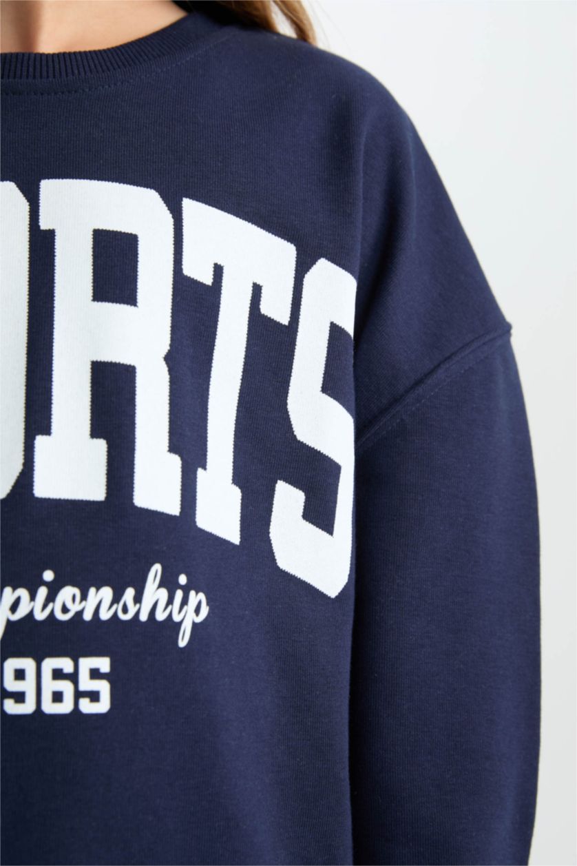 Kız Çocuk - Genç Kız Lacivert Relax Fit Bisiklet Yaka Baskılı Sweatshirt Kız Çocuk