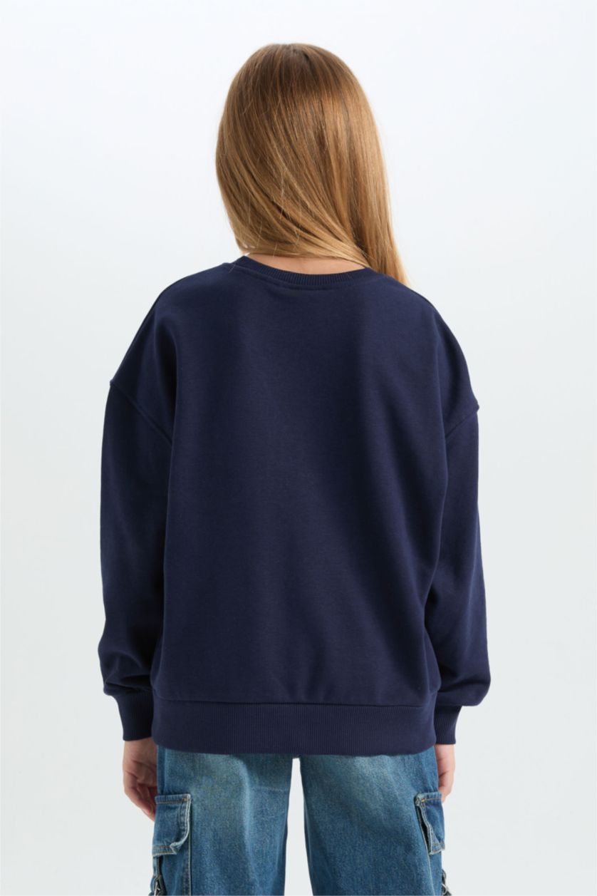 Kız Çocuk - Genç Kız Lacivert Relax Fit Bisiklet Yaka Baskılı Sweatshirt Kız Çocuk