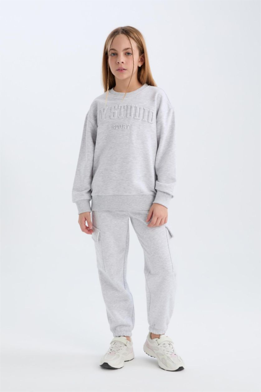 بناتي ميلانج رمادي سويت شيرت بناتي بطبعة شعار قصة عادية