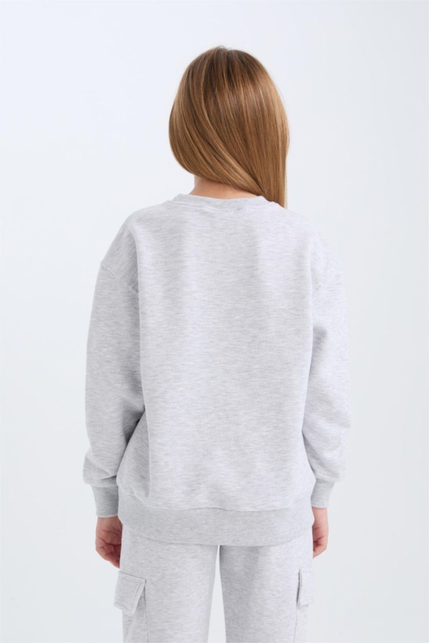 بناتي ميلانج رمادي سويت شيرت بناتي بطبعة شعار قصة عادية