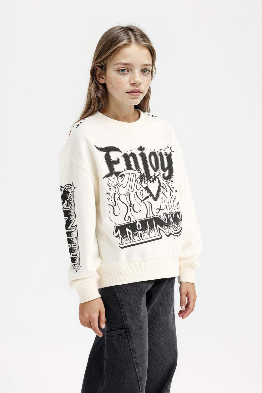 Kız Çocuk - Genç Kız Ekru Oversize Geniş Kalıp Bisiklet Yaka Baskılı Sweatshirt Kız Çocuk