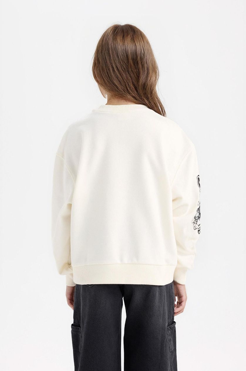 Kız Çocuk - Genç Kız Ekru Oversize Geniş Kalıp Bisiklet Yaka Baskılı Sweatshirt Kız Çocuk