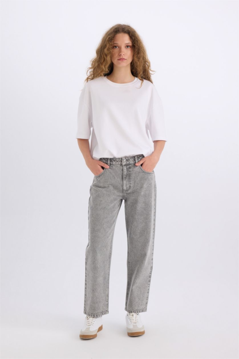 نساء رمادي سروال جينز بوي فريند بخصر عالي